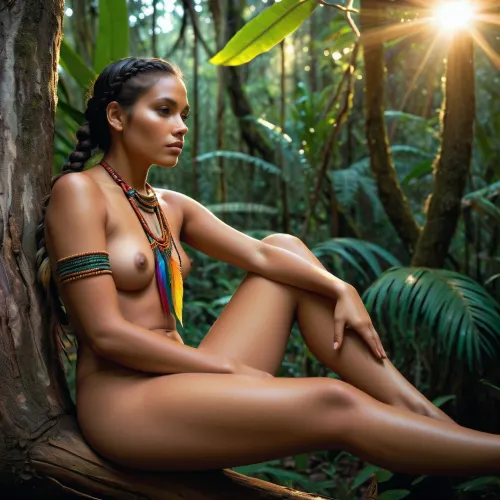 Una giovane donna indigena, con capelli scuri intrecciati con piume colorate, dipinge il suo corpo ed è seduto senza vestiti su un ramo denso di un albero nella foresta pluviale. Osservando il quartiere con occhi dettagliati, mostra un profondo legame con la natura e