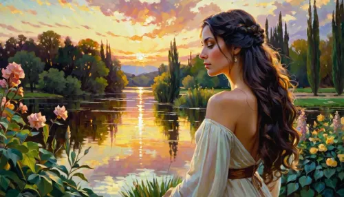 Beautiful girl, beautiful garden, sun, lake, at sunset, beautiful clouds, long hair, black hair, dramatic light, tranquility, Daniel F. Gerhartz, Charles Courtney Curren, Leonid Afremov, Greg Rutkowski, Alphonse Mucha, Greg Manchess, Vincent Van Gogh.