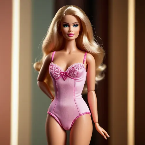 The woman in the picture is a slutty barbie doll, wearing a tight pink dress and full body view of a slutty barbie doll. She has on bright red lipstick that makes her lips look even more kissable, and her hair