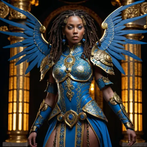Curly dreads를 가진 AI 인조 인간 여성 조각, 파란과 금 Baroque 본 귀영나팔로 장식된 사기그릇 같이 피부는, 뛰기 상징을 가진 유일한 armor를 착용하고, 복잡한 조각한 란에, 순수한 검정에 대하여