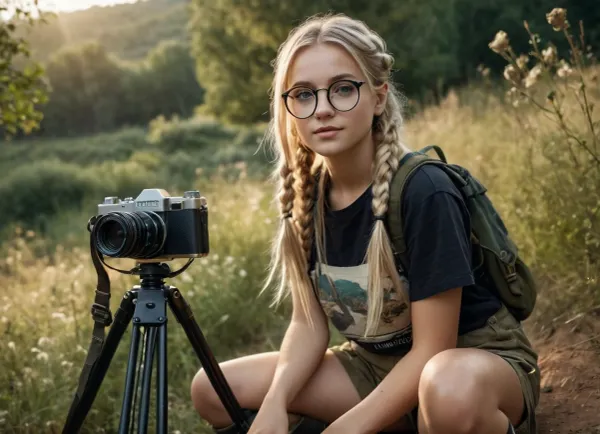 A cute girl in nature photography is using a mini camera on her slings to take beautiful photos of a cute animal with her AI-powered camera. She wears a mini cargo shorts and t-shirt, has long braids in her hair, full