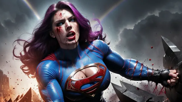 The supergirl was fighting a tough enemy, but the fake round breasts of their opponent made them feel uneasy. As they fought, the enemy attacked with a powerful blow that sent the supergirl flying across the room. They knew that they had to use