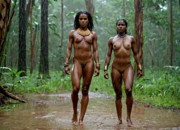 2 women, (nude female Sudanese tribal warriors), age 20, very muscular, big muscles, bodybuilder figure, big biceps, small breasts, big abdominal muscles, nude, strong collarbones, no bras, bracelets, anklets, (standing in the rain), (standing at a forest glade), (bare feet on the ground), (ready to fight), long wet hair, shiny skin, (vaporized water on skin), whole body, 8k resolution dynamic lighting hyperdetailed intricately detailed trending on Artstation triadic colors volumetric lighting professional photography by studio lighting, canon lens, shot on dslr, 64 megapixels, sharp focus, wide angle view