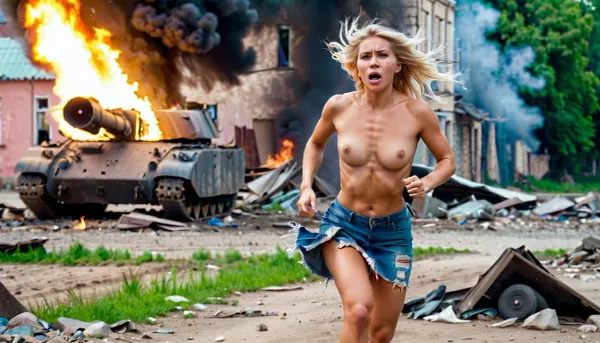 war, dirty homeless girl in torn clothes standing in center Mariupol, running pose, blonde, huge bereasts, very torn clothes, ((topless)), (torn cotton mini-skirt), cry, (tanks), fire, summer, Ukraine, Donetsk Academic Regional Drama Theater background, aerial bomb, falling air-bomb, torn, fly, down, at, _______, <lora:tornclothesv6-8:.5>