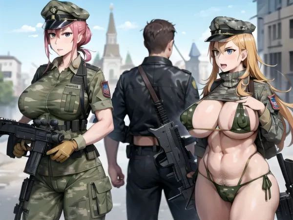 军队在攻入克里姆林宫时处于动荡状态,领导暴动的美丽性感女性身穿军装,头帽和步枪. 她的手机上有一张色情照片 她曾经是