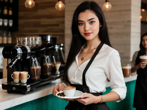 Фото бариста в местном кофейне в черно-белой полосатой рубашке с бриллиантовым ожерельем на шее, подавая вкусный кофе в приглашающей атмосфере, которая заставляет клиентов чувствовать себя комфортно и комфортно