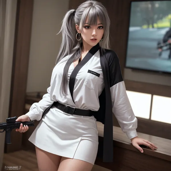 FrierenSSnF is a high-quality masterpiece with ultra-detailed and realistic picture quality. The character, FrierenCasual, has long hair and twintails, with green eyes and a striped shirt. She holds a gun in