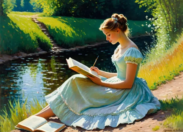 Леди в кринолиновом платье с съемным бодом сидела на холме на берегу маленькой реки, читая книгу. Она была одета в элегантное платье с съемным бодом, который был почти на земле