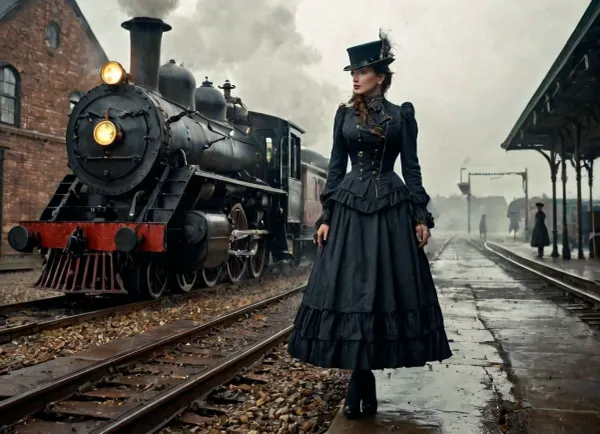 穿维多利亚式服装的女孩登上火车,并拍下了一辆老式蒸汽机车的侧面照片