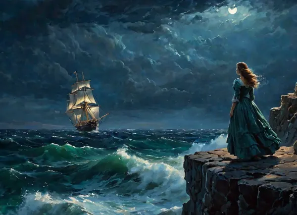 身着破碎撕裂的中世纪琉璃裙的女孩站在海面上的高悬崖上,望向海面. 她正盯着地平线上的一艘沉船,船被高风和海浪击沉. 风暴大海