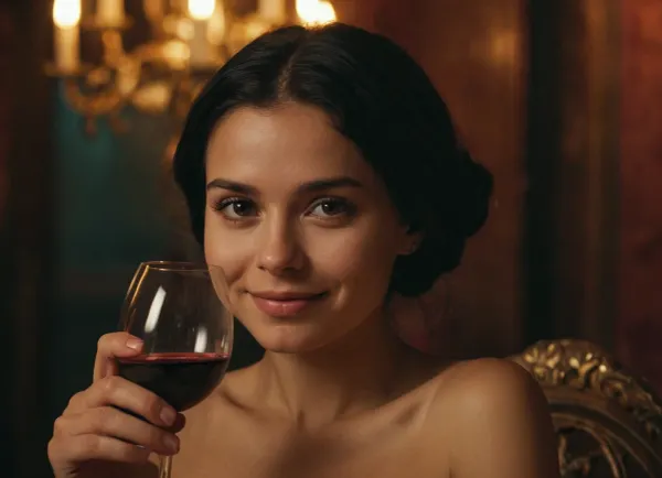 長い黒い髪と恥ずかしい笑顔で、小さなロシアの少女は、ほんのりにライトバーに座っています。 彼女は彼女のワインを飲み、部屋の周りを見て、賑やかな街の観光スポットや音を取ります。 突然、彼女は