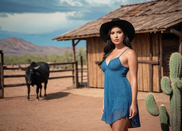 Amy, eine schöne Frau in ihren frühen Zwanzigern, steht vor einer alten, verfallenen Scheune auf einer Ranch in Arizona. Sie trägt einen Strohhut, der über ihre Augen heruntergekippt wird und einen enthüllenden blauen See-Thru