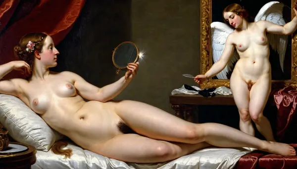 Das Gemälde zeigt eine nackte Venus mit einem Spiegel vor ihr und hält den Spiegel bis zu ihrem Gesicht. Sie sieht sich in den Spiegel und bewundert ihre Reflexion. Das Gemälde zeigt Venus als erotische und sinnliche Figur, mit Cup