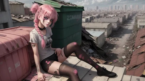 漂亮的僵尸女孩坐在垃圾堆上, 她的破袜子和破旧的紧身裤 揭示她的瘦腿。 她美丽的笑容被几颗松开的牙齿毁了. 她戴着肮脏的粉红色辫子和纹身的粉红色辫子