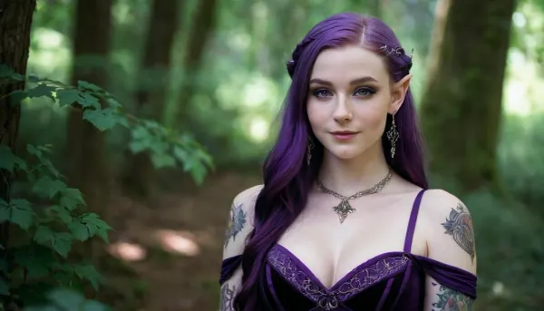 elven Woman, elf, 18 years old, pale skin, makeup, naughty smile, freckles, purple hair, long hair, big breasts, gothic dress, tattoo on shoulder, portrait