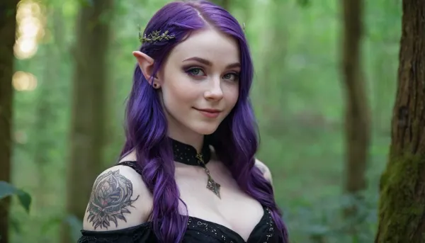 elven Woman, elf, 18 years old, pale skin, makeup, friendly smile, freckles, purple hair, long hair, big breasts, gothic dress, tattoo on shoulder, portrait
