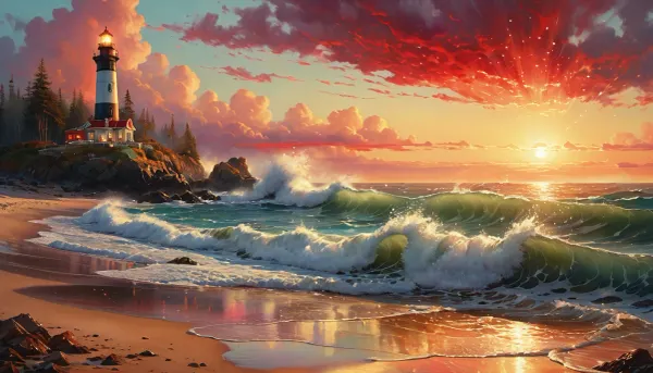 La escena es una hermosa playa iluminada al amanecer, con el sol que se levanta sobre el horizonte. El cielo está pintado en colores vibrantes de rojo, naranja y rosa. En la distancia, hay un faro que permanece alto y orgulloso en el fondo