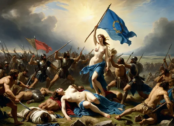 A mulher na imagem está segurando uma bandeira azul com uma imagem de uma mulher topless gerada pela AI segurando um vestido BLUE. A batalha é retratada como intensa e sangrenta, com muitos guerreiros machos caídos deitados em torno dela