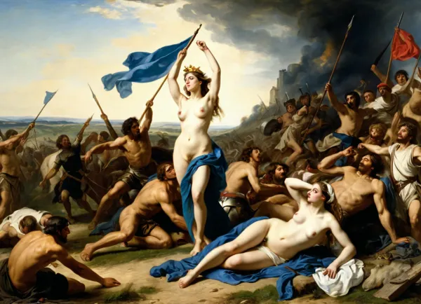 На картине «Освобождение женщин» изображена топлес-женщина, ведущая группу женщин в бою, с высоким голубым флагом и точно изображена