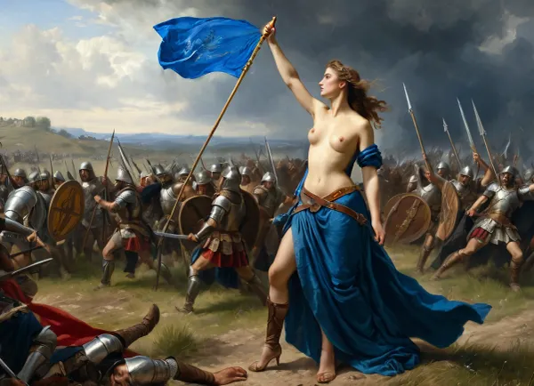 A lone woman stands on a pile of bodies, holding a blue flag with the image of an ancient Roman Empire warrior. The scene is chaotic and bloody, with fallen male warriors strewn about. The woman's dress is blue and her hair is pulled