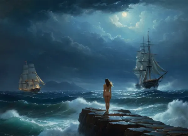 naked girl stands on high cliff above sea, stormy sea in the right part of frame, sinking sailing ship on the horizon, girl looking out to sea, gale force winds, girl looking at sinking ship, view from afar, (oil painting in Aivazovsky style, night, nighttime, low lighting, highly detailed figure, at night, darkness)