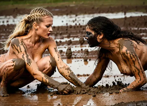 scene of two figthing woman, (naked:1.5), (mud wrestling:1.6), AND first woman, 20 years old, big blue eyes, extreme long blond braided hair, very big natural breasts, red lipstick, muscular body, supermodel
AND second woman, 30 years old, green eyes, small natural breasts, (black unkempt hair:1.3), black lipstick, skinny body