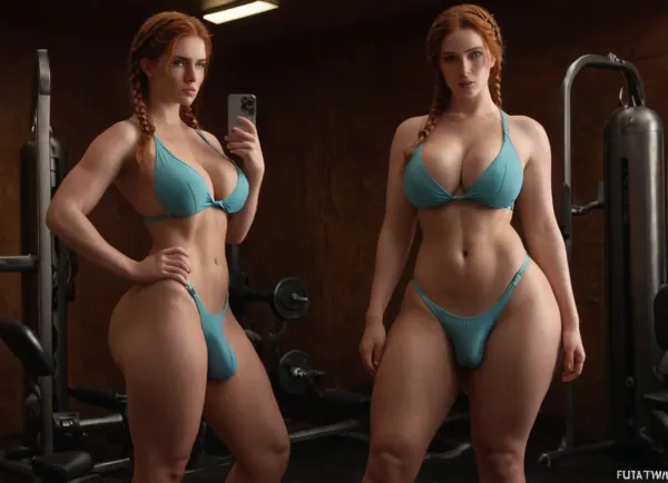 두 개의 curvy futanari 여자와 큰 bulging cocks는 증기 뜨거운 체육관에서 경쟁, 카메라를 직면. 그들은 큰 bulging 근육과 perky breasts를 가지고 있으며, 카메라에서 화가 및 staring