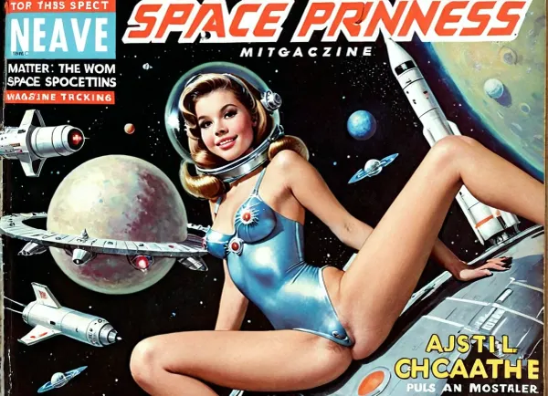Dans ce style de photo rétro futuriste, une fille sans sommet devant l'équipage de vaisseau spatial regarde et sourit tandis que l'équipage de navire spatial regarde et sourit. Elle a des seins moyens, un sourire heureux, des cheveux longs et une vue complète sur le corps