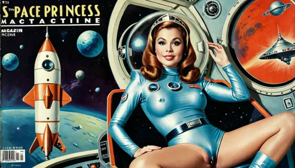 The crew was in awe of the 20 years old space princess with a medium breasts, happy smile, long hairy pube, and shaped and trimmed pubic fleece. They watched her as she masturbated in front of them with a full body