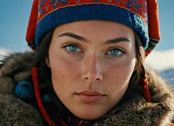 A mulher na imagem é uma mulher Sámi tradicional com olhos em forma de amêndoa, tom de pele quente, nariz reto virado, lábios cheios, e uma forma arredondada ampla que aumenta suas características. Ela usa um vestido azul acentuado pelo