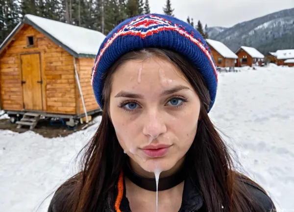 Die atemberaubende Sámi Frau mit traditionellem Sámi Hut, breites abgerundetes Gesicht, weiches Haar, eine gerade leicht aufgedrehte Nase, die breit an der Basis ist. Sie hat Sperma auf ihre Stirn, Sperma in ihren Haaren, Sperma auf ihre Nase