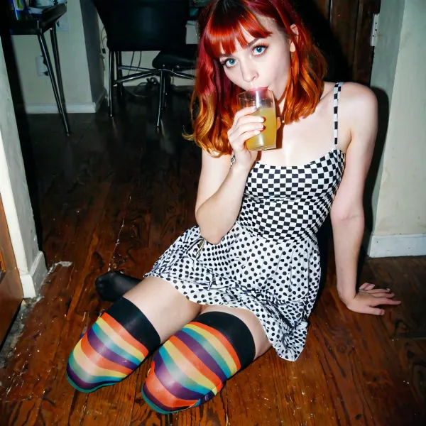 (A 22-year-old shy introvert redhead grunge girl with bangs and multi-coloured stockings and a cute short cotton dress is sitting on the floor in a dark corner drinking lemonade from a glass at a party in 1997), in the background a 27-year-old tall and slim woman with long wavy dark blonde hair is visible, photo-realistic, compact camera shot, analogue film artifacts, grainy, long shot, [[naked]]