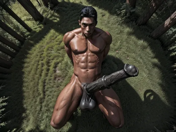 L'uomo si trovava nella foresta, il suo grosso cazzo che si staccava dal suo corpo con un cazzo nero e la punta del cazzo svasata. Aveva appena trasformato in un umano con un cazzo nero e punta di gallo svasata. Le sue due mani erano sulle sue