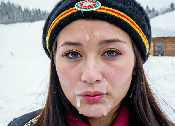 萨米族妇女身上有传统的萨米纹章、顶部折叠、杏仁状眼睛、直立略向上翻转的鼻子、温暖的皮肤色调、高而突出的颊骨、以顶部折叠打出杏仁状眼睛和