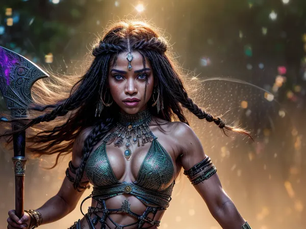 A fiercely proud african barbarian girl stands, standing in water, her presence exuding unwavering strength. hold a battle axe on her hand. Her black braids cascade down her back, framing a face marked by determination and resilience. This stunning portrait captures her piercing red eyes, reflecting the landscapes of her desertic homeland. The intricate details of her embroidered barbarian full armor of her warrior spirit. emerald green eyes, This high-quality painting seamlessly combines power and grace, drawing the viewer into the captivating story of a fierce african barbarian warrior princess. body manipulations, divine proportion, non-douche smile, gaze into the camera, holographic shimmer, whimsical lighting, enchanted ambiance, soft textures, imaginative artwork, ethereal glow, silent Luminescence, whispering Silent, iridescent Encounter, vibrant background, full body, (((rule of thirds))), high quality, high detail, high resolution, (bokeh:2), backlight, (long exposure:2), <lora:more_details:1.2>, <lora:detail_slider_v4:1.7>