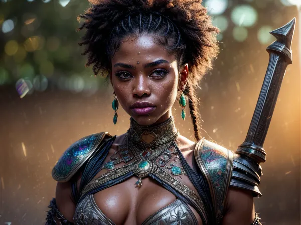 A fiercely proud african barbarian girl stands, standing in water, her presence exuding unwavering strength. hold a battle axe on her hand. Her black braids cascade down her back, framing a face marked by determination and resilience. This stunning portrait captures her piercing red eyes, reflecting the landscapes of her desertic homeland. The intricate details of her embroidered barbarian full armor of her warrior spirit. emerald green eyes, This high-quality painting seamlessly combines power and grace, drawing the viewer into the captivating story of a fierce african barbarian warrior princess. body manipulations, divine proportion, non-douche smile, gaze into the camera, holographic shimmer, whimsical lighting, enchanted ambiance, soft textures, imaginative artwork, ethereal glow, silent Luminescence, whispering Silent, iridescent Encounter, vibrant background, full body, (((rule of thirds))), high quality, high detail, high resolution, (bokeh:2), backlight, (long exposure:2), <lora:more_details:1.2>, <lora:detail_slider_v4:1.7>