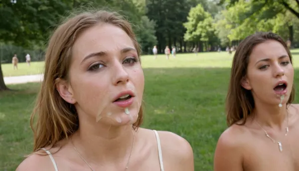 wide-shot, frontal photo of a hot 18 years old czech girl in a park, cuminmouth, spunkmouth, natural lighting, <lora:spunkmouth_v1:1>, cum in mouth, mouth filled with cum, woman, on, face, <lora:JustCum:.5>, bukkake, cum, <lora:MS_Real_XL_Bukkake:.5>, white croptop, group of people