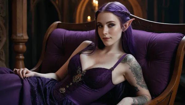 elven Woman, elf, 18 years old, pale skin, makeup, lusty smile, freckles, purple hair, long hair, big breasts, gothic dress, tattoo on shoulder, laying on chaise longue