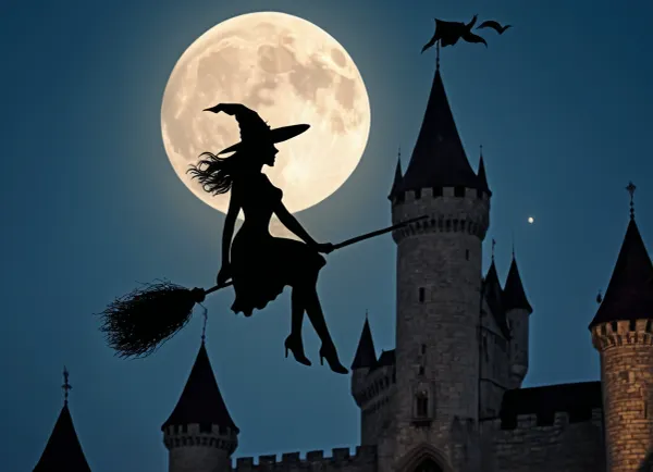 (nightly scene:1.3), young nude witch riding her broom above a medieval castle, (flying on her broom:1.5), (full moon:1.3)