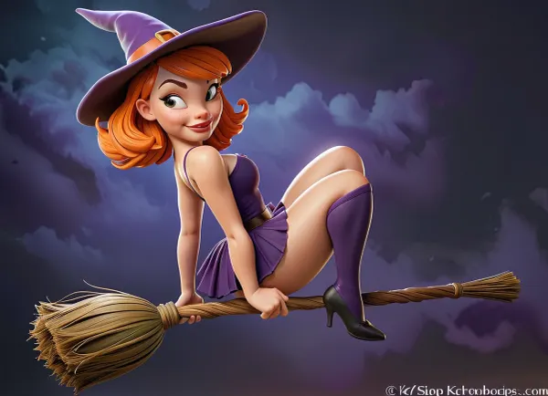 紫のレギンスとスカート、短いストレートオレンジ髪、かわいい小さな笑顔、彼女の脚と彼女の全体の体が見える彼女の全体の間にほうきに乗っているかわいい少女