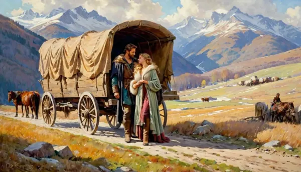 Un hombre y una mujer se unen frente a un carro cubierto, montañas, pintura de Daniel F Gerhartz, acuarela. Están juntos frente al carro como si estuvieran esperando algo o alguien que llegara. El hombre tiene luz