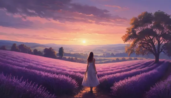 Une seule figure se dresse au milieu d'un champ de lavande pourpre profonde en pleine floraison, baignée de lumière dorée. Le ciel est peint avec des teintes de rose et d'orange, créant une atmosphère de rêve. Le dos de la femme est tourné vers le spectateur
