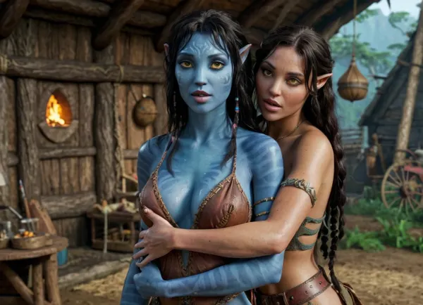 Две девушки, одна с короткими волосами, а другая с длинными волосами, обнимают друг друга в естественной обстановке, когда они смотрят друг другу в глаза. Они наполовину эльфы с синей кожей и острыми ушами и имеют свои собственные наряды аватара. Они