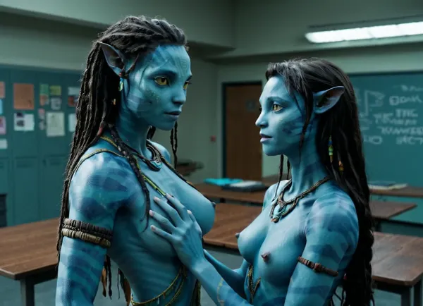 two cute 18 y/o shy english girls, cleavage, the students stand in the classroom and kiss each other passionately, (open shirt), extremely sad, show boom, (show breasts), breasts, cutout, clothing, nipples, french, kiss, 7-Avatar, Avatar, environment, Machinery, Na'vi, Miles, Quaritch, Jake, Sully, Neytiri, Tsireya, Tonowari, Lo'ak, Ronal, Kiri, <lora:2BoutOvalSDXL2-000002:.5>, <lora:french_kiss_xl_v1:.5>, <lora:Avatar v1.0:.5>, <lora:Kiri_from_Avatar_The_Way_of_Water-000004:.5>