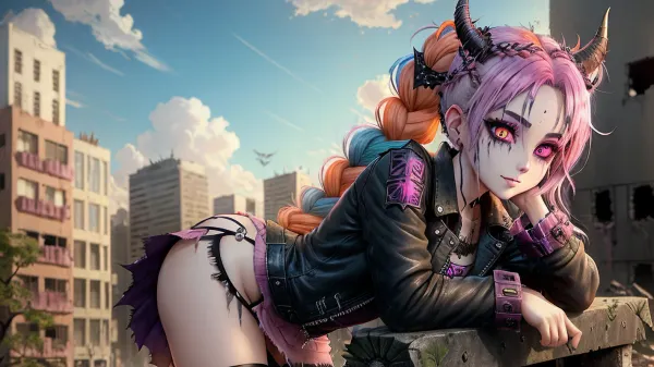 寿司有广开眼,狡猾的笑容,和撕裂的裙子. 她穿着撕裂的裙子坐在建筑废墟的断板凳上。 她睁着双眼看着你 用空白的表情