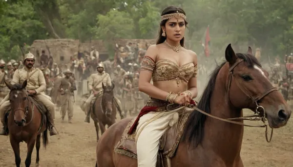 28yo Rani lakshmai bai, sexy, on horseback, clothes fallen off shoulder showing deep cleavage, midriff showing, leading an 19th century army, fighting the English, epic 1800s detailed war scene in background and either side, realistic