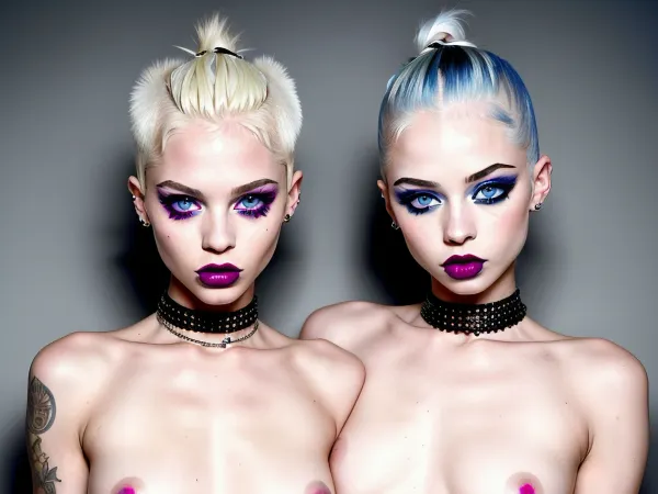 -- style raw, full figure naked 20 years old bad gangsta albino beautiful model twins girls licking, makeup, extremely aroused, piercings, ((no text)), epiCNegative, --stylize 5000, --no long hayrcut, <lora:epiCRealismHelper:.4>