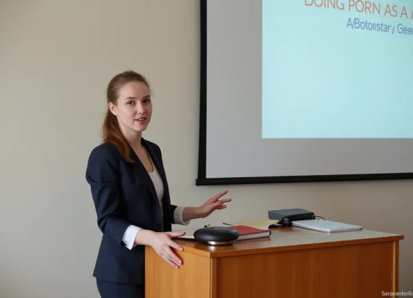 The young Swedish woman, with brown hair and ponytail, gives a formal speech about the benefits of doing porn as a career booster
