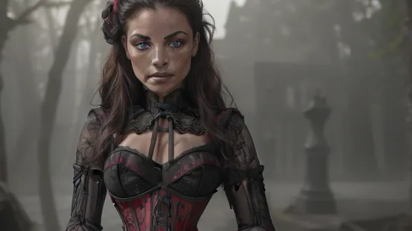 (Photo-CANON 35mm-F/1.4-ISO400), (Photography), (hi-resolution), (hyperrealistic:1.8), (HDR), (8K, (Highly detailed, 1.4), , , standing, full body:1.4), side view, (fokus on the face), ((1 vampire woman), extremely beautiful Vampire woman), (hair, (long ebony locks), (black with red undertone)), (skin-, (pale:1.6), smooth, unblemished, freckles across the nose), (face-, (chiseled, high cheekbones, lush lips, fine-boned nose, azure eyes:1.2), (body-, (little, muscular, slim), (dress-, (lacy red and black corset:1.6), black trousers, tight-high boots))), (scene, (night:1.6), moon, forest, lake, castle, fog:1.1), (mist:1.1), (lighting, (night:1.1), low light:1), blue color, (rays of light shining trough fog:1.2), strong shadows, directional light, silhouette, (highly detailed face:1.3), (realistic eyes:1.5), (Simetric eyes), (detailed eyes:1.4), (detailed nose), (detailed lips), (detailed teeth), (perfectly detailed face:1.3), light shiningon body, (lightshiningon the side of the face:1.3), (distinguish between objects)