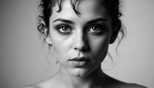 grey scale, very bright white background, shadows, black naked, close up